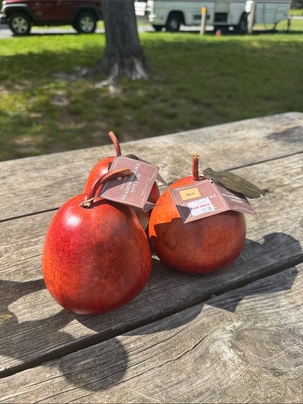 Decorative Red Faux Pear Trio gourds with Tags - handcrafted